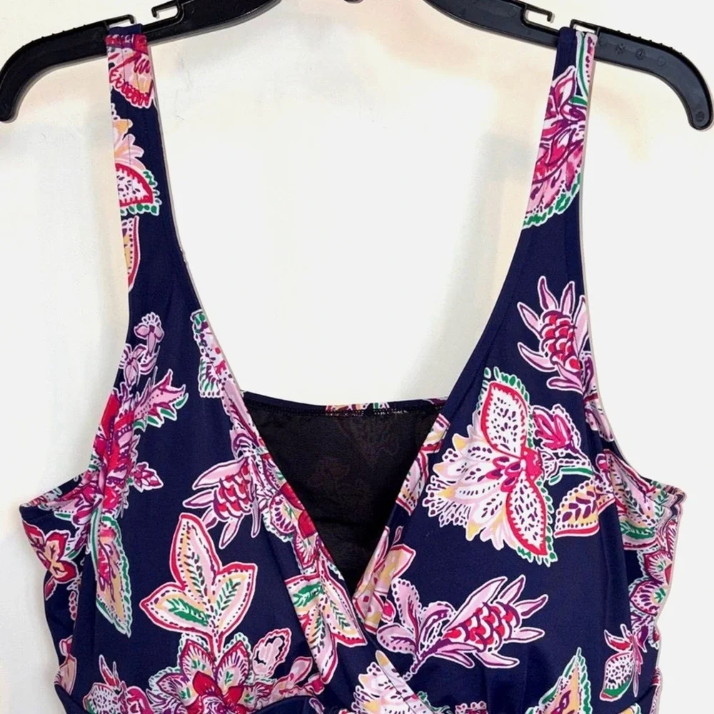 Swimsuits For All Size 28 Plus Floral Swim Dress Tummy Control Navy